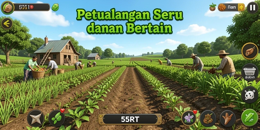 Tangkapan layar permainan 55RT menampilkan kebun yang rimbun dan hewan yang bahagia.