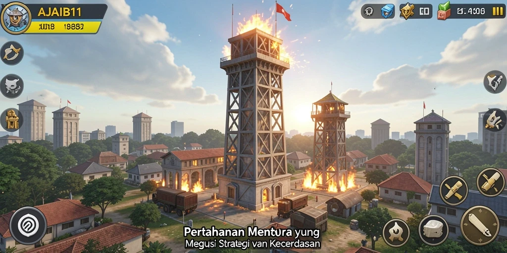 Tangkapan layar AJAIB11 menampilkan aksi pertahanan menara yang mendebarkan.