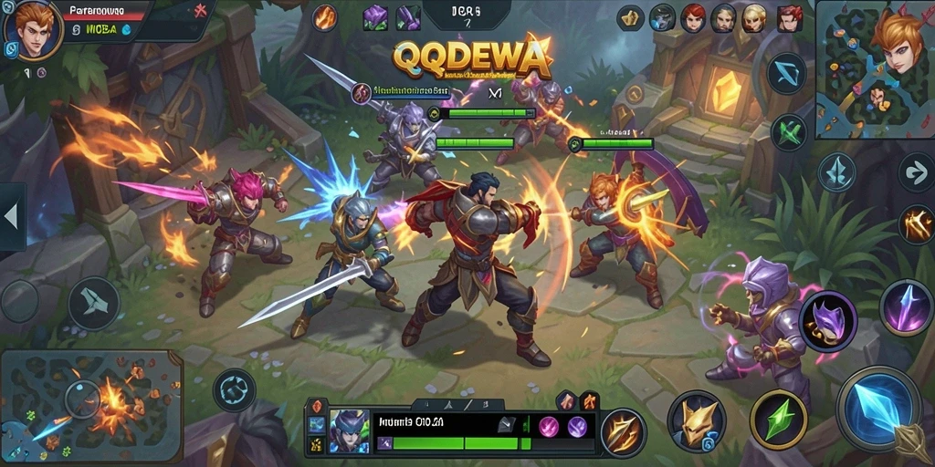 Tampilan gameplay seru dari QQDEWA dalam pertarungan tim MOBA.