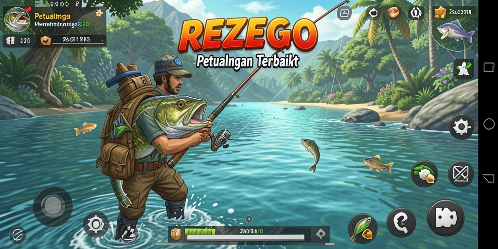 Screenshot gameplay REZEGO saat memancing di danau