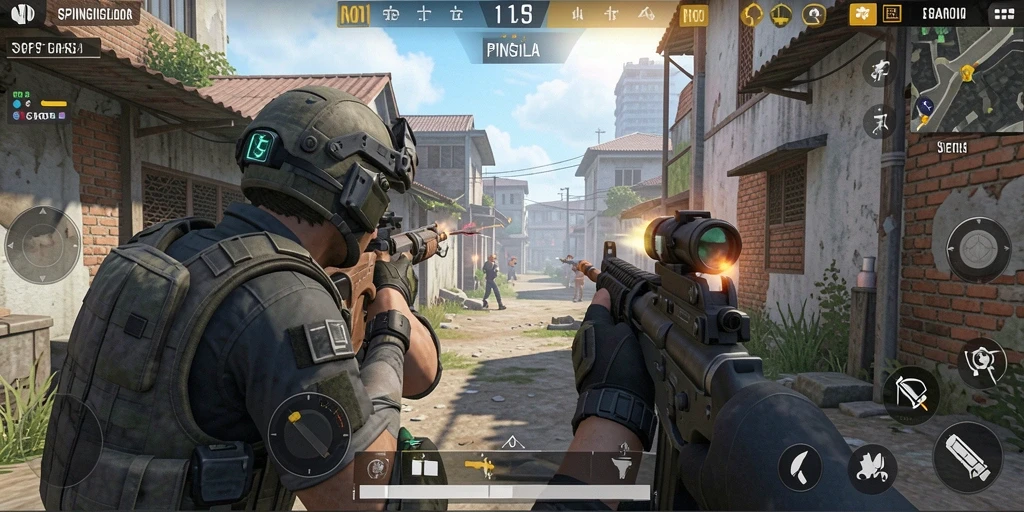 Tampilan gameplay menegangkan dalam aksi menembak FPS.