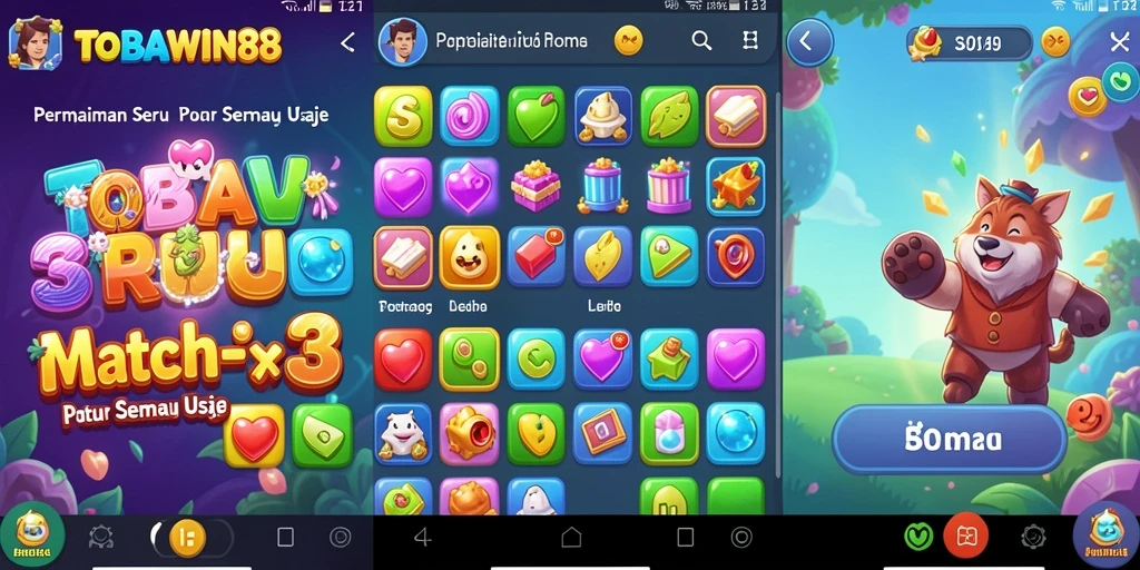 Screenshot utama TOBAWIN88 menampilkan aksi permainan Match-3 yang seru.